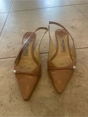 Jimmy Choo Tan Patent Leather Pointed Slingback Mules with Pearl Accent